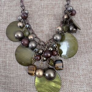 Chunky Boho Statement Necklace Green Shell Wood Beads Mixed Media Adjustable 18”